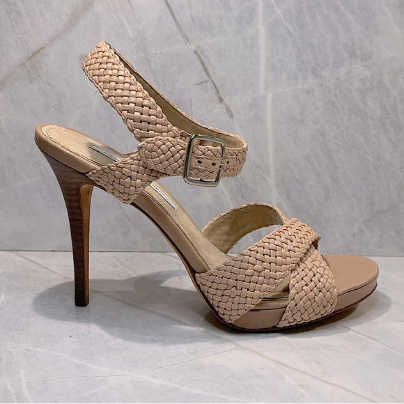NWOB Diane Von Furstenberg leather woven tan sandals with 4.5” heels size 9 - Picture 1 of 8